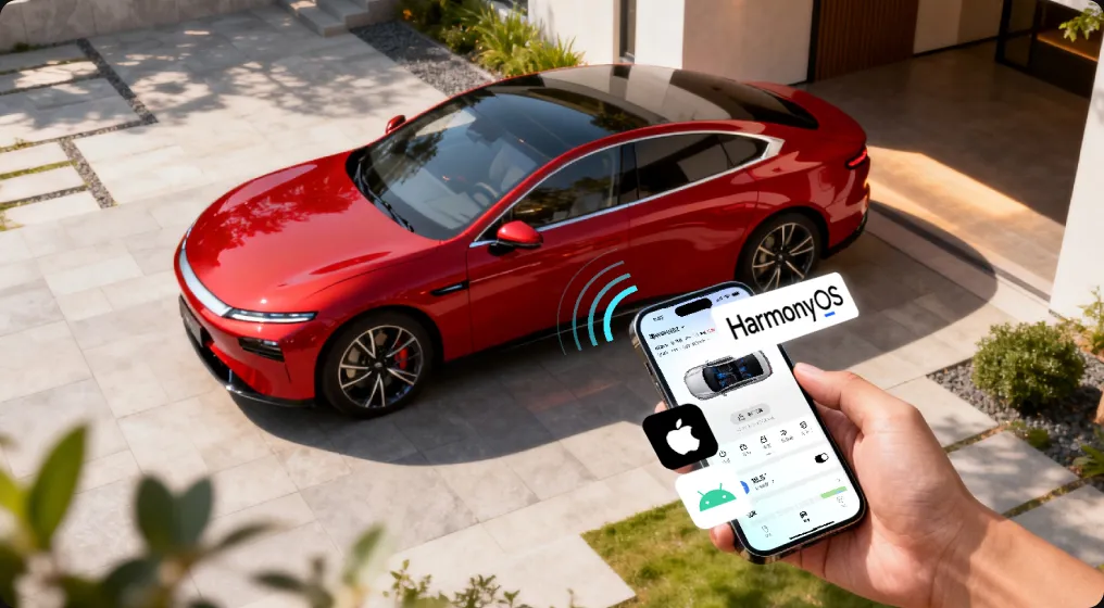 A hand holding a phone showing vehicle controls, with a red car parked ahead