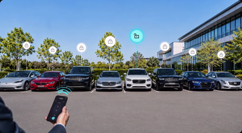 Status markers floating above several cars in a car park, managed from a handheld phone